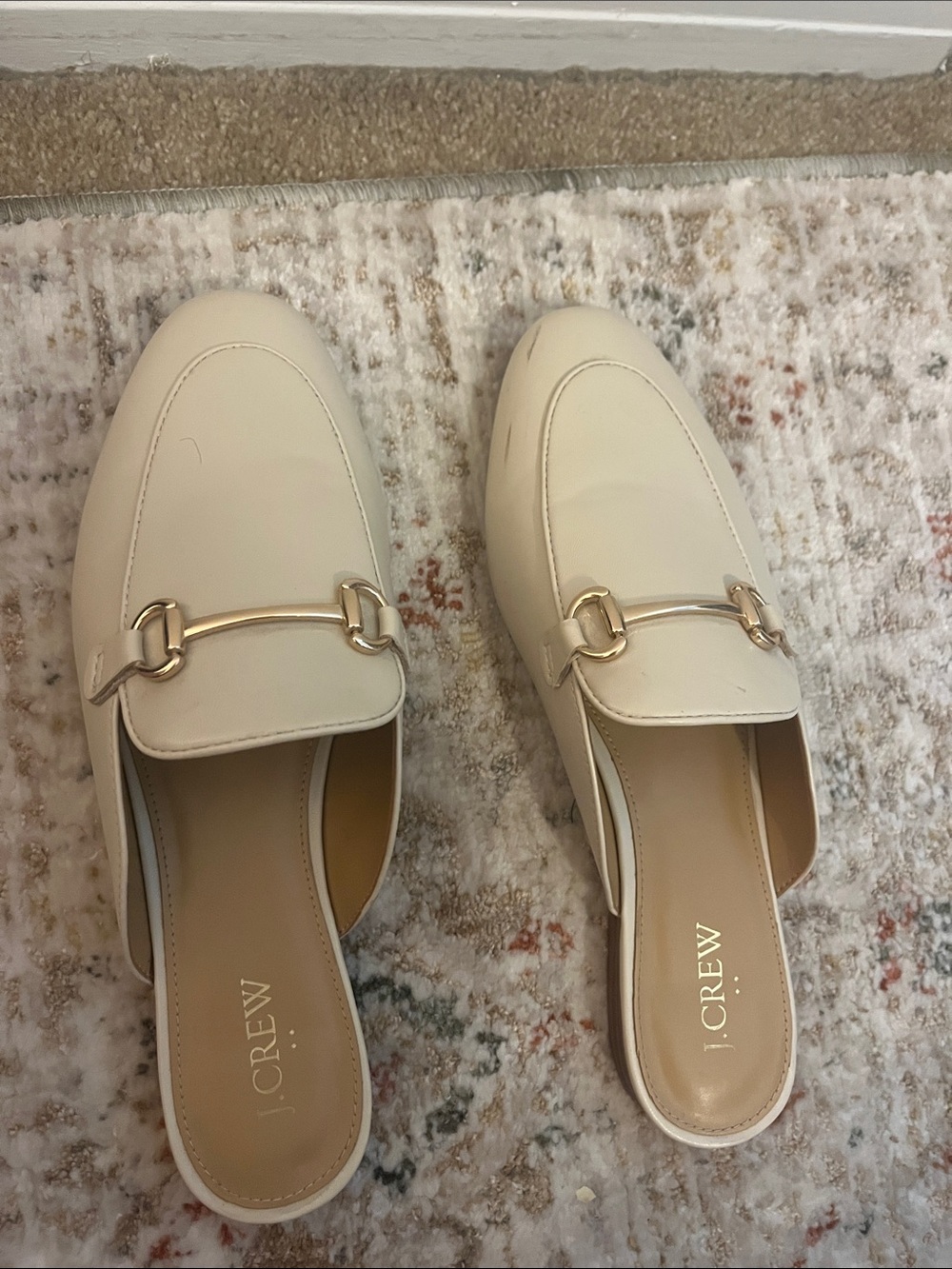 J. Crew Cream Leather Backless Loafers with Gold Horsebit